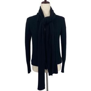 St John Nordstrom S Cashmere Black Ribbed Knit Tie Neck Open Front Sweater Black